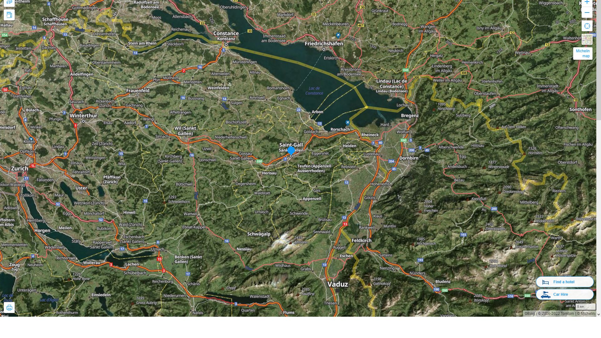 St. Gallen Suisse Autoroute et carte routiere avec vue satellite